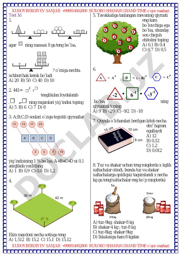 Matematika test savollari va masalalari