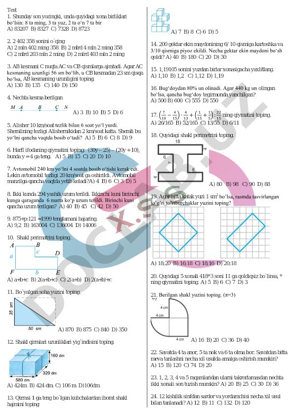 Matematika test savollari va masalalari