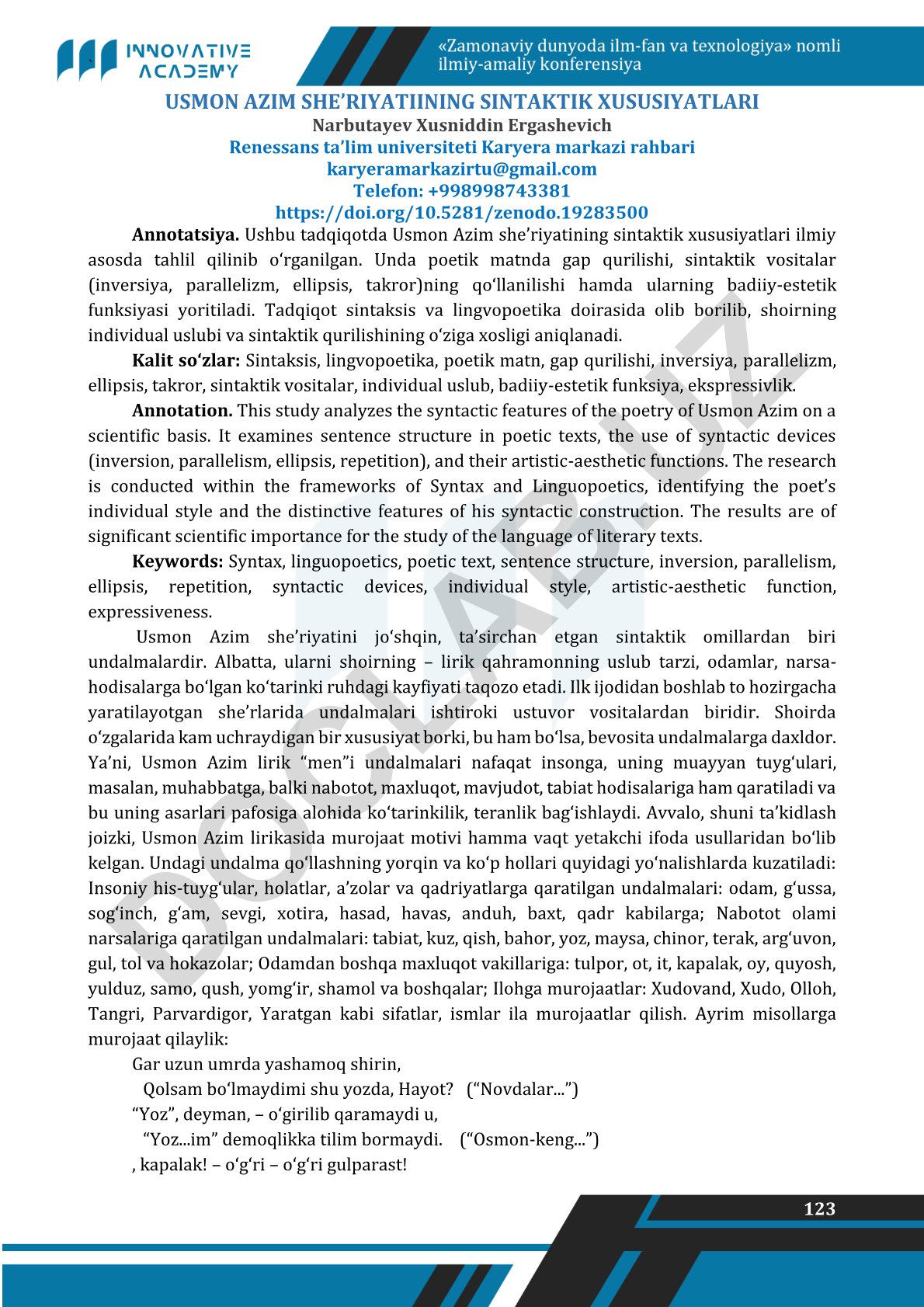Usmon Azim she'riyatining sintaktik xususiyatlari