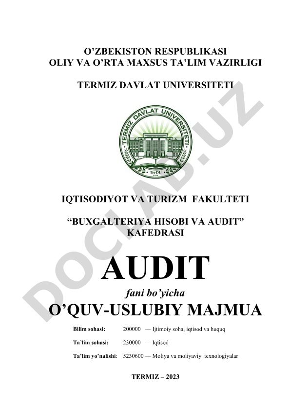 Audit fani bo'yicha o'quv-uslubiy majmua