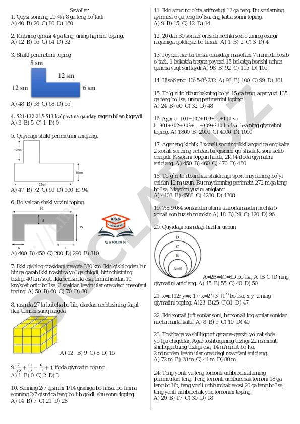 Matematika test savollari va masalalari