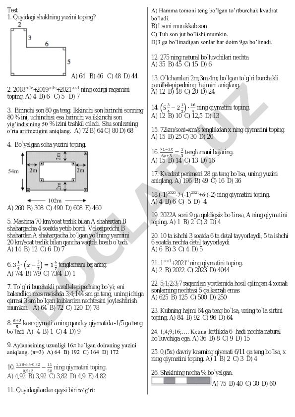 Matematika test savollari va masalalari