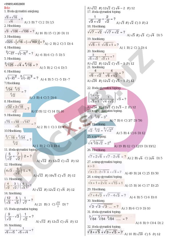 Ildizlar va kvadrat ildizlar bo'yicha matematika test savollari