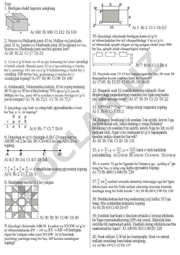 Matematika test savollari va masalalari