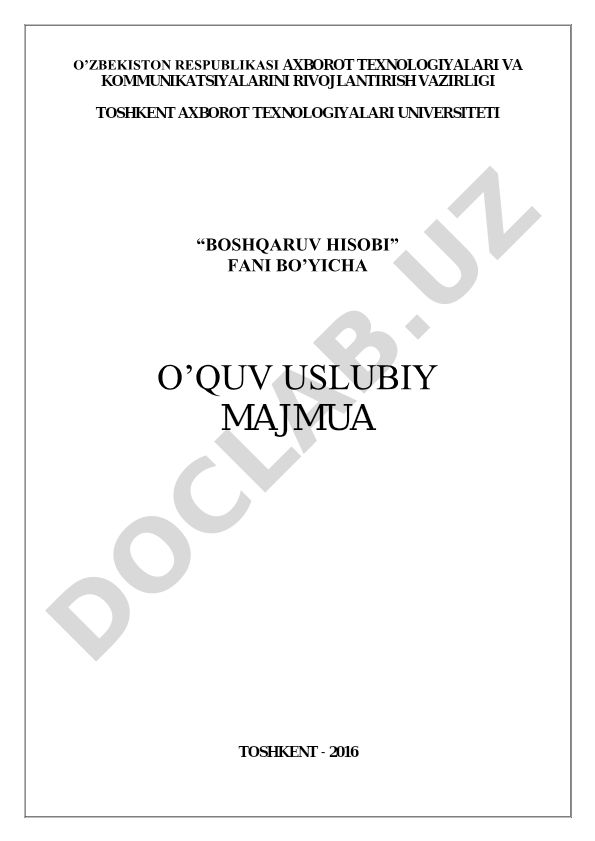 Boshqaruv hisobi fanining o'quv-uslubiy majmuasi