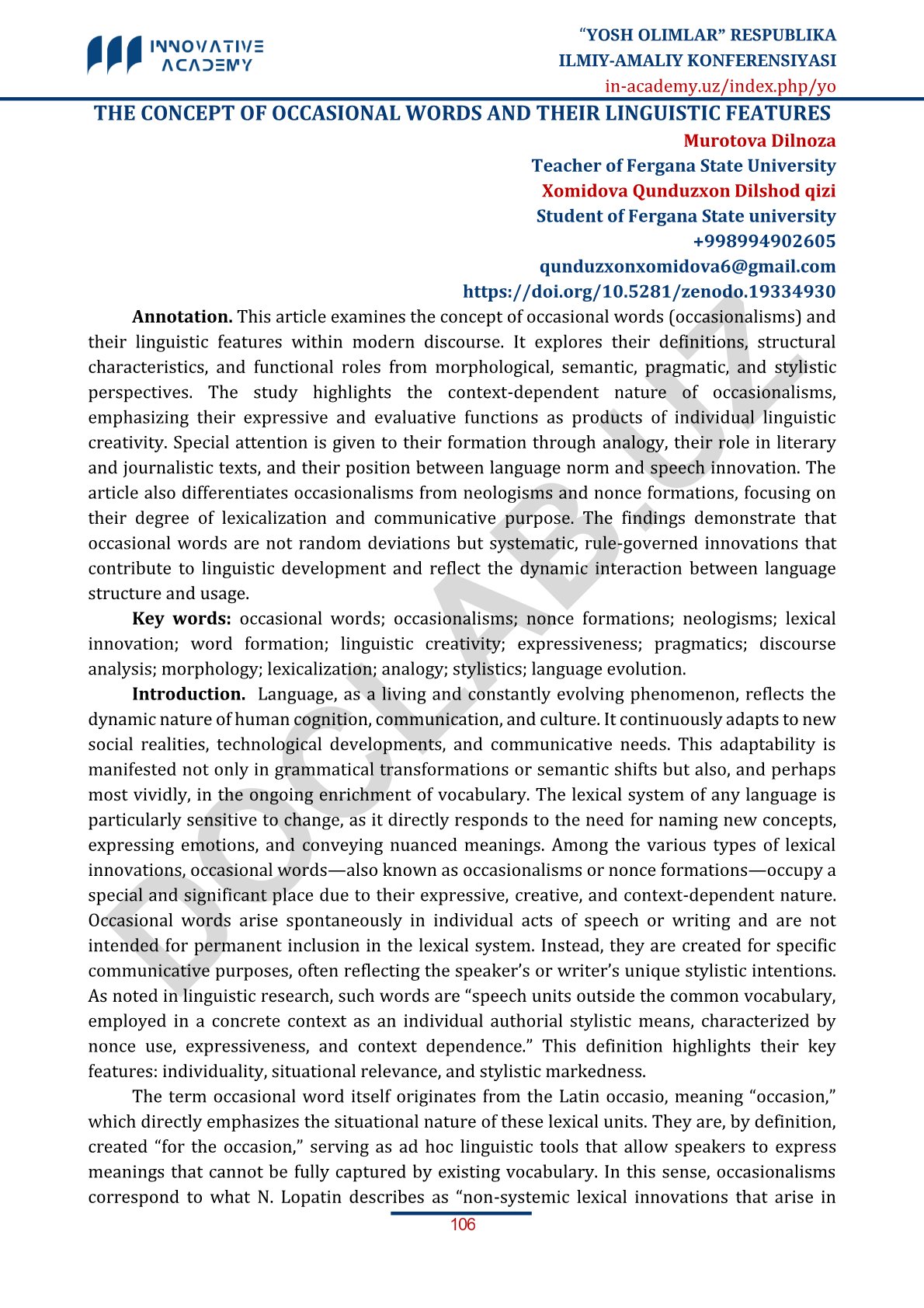 The Concept of Occasional Words and Their Linguistic Features