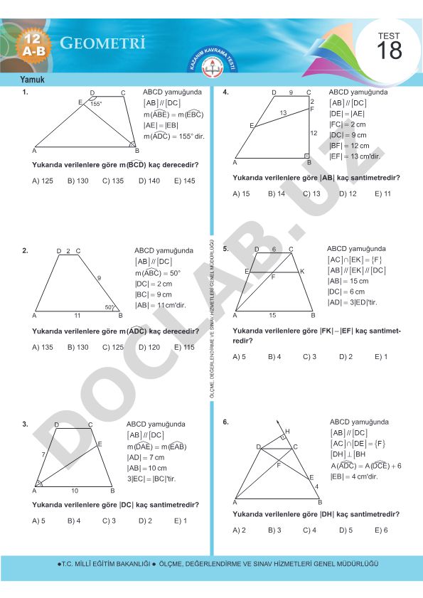Yamuk şekilleri üzerine geometri test soruları