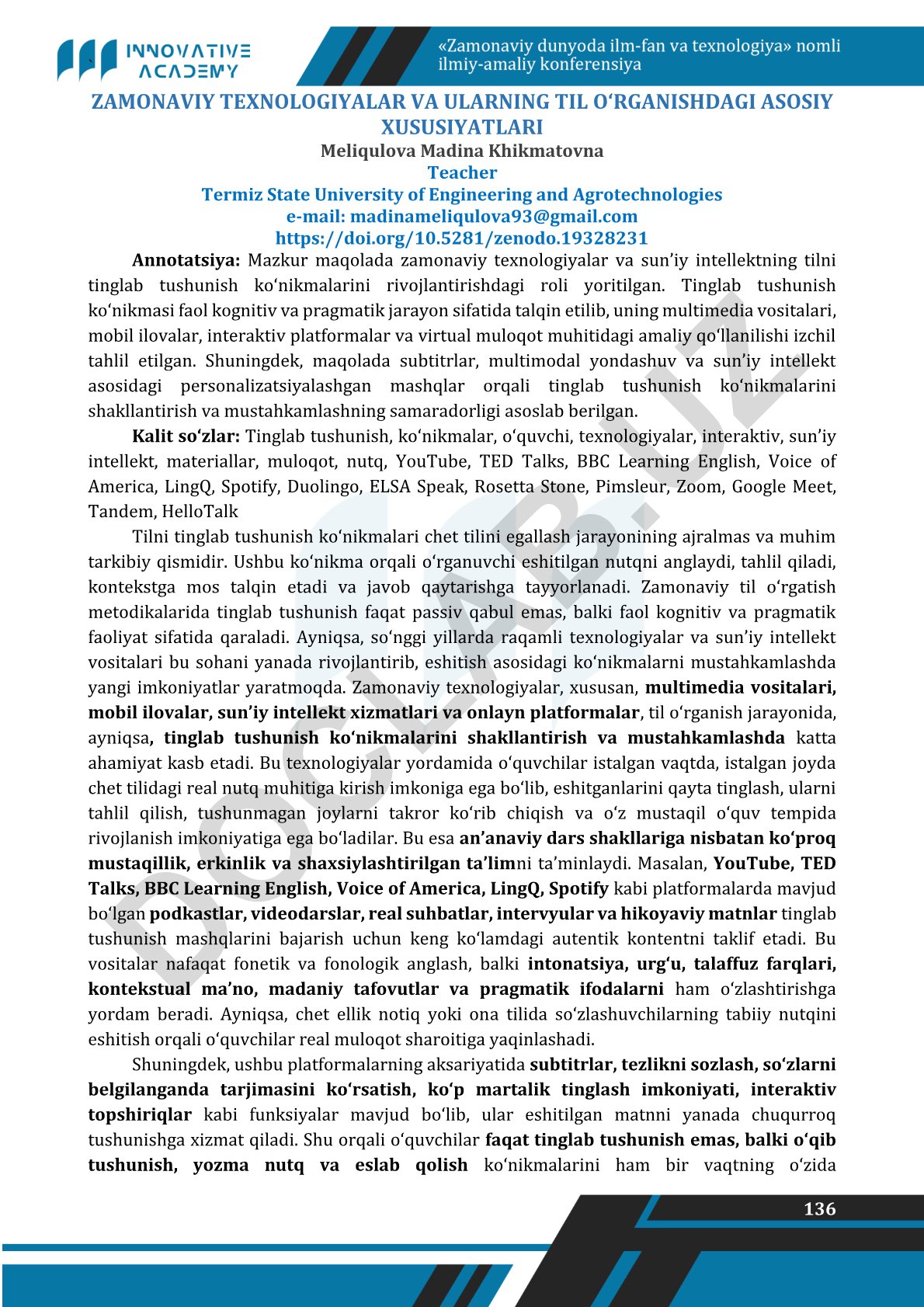 Zamonaviy texnologiyalar va ularning til o‘rganishdagi asosiy xususiyatlari