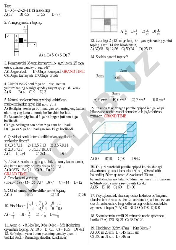 Matematika test savollari va masalalari