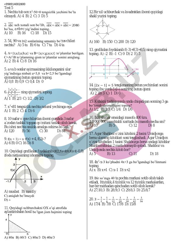 Matematika test savollari va masalalari
