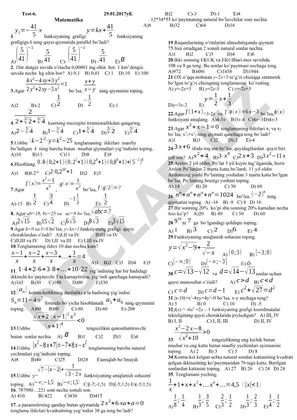 Matematika test savollari va masalalari