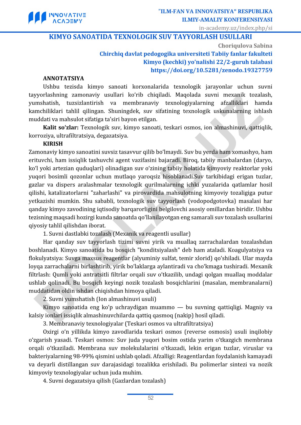 Kimyo sanoatida texnologik suv tayyorlash usullari