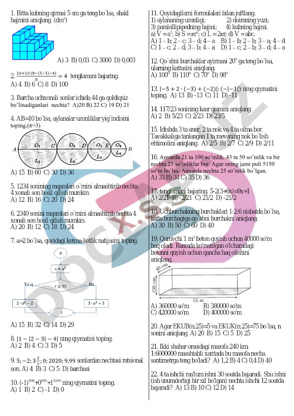 Matematika test savollari va masalalari