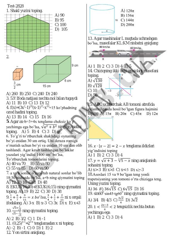 Matematika test savollari va masalalari