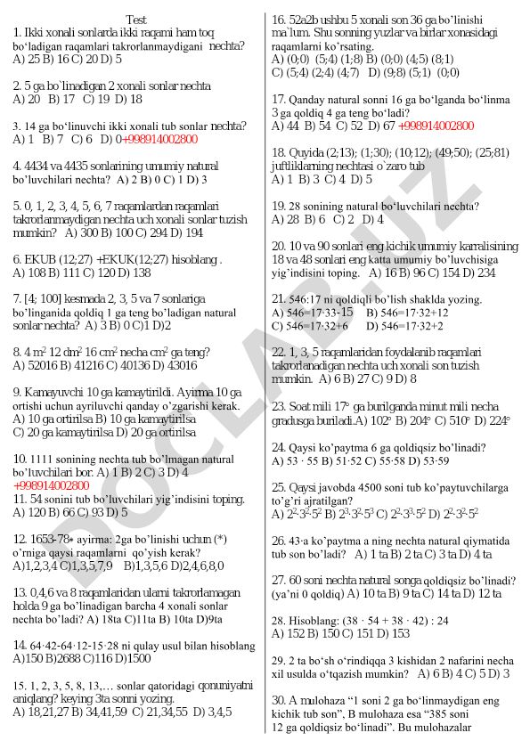 Matematika test savollari va masalalari