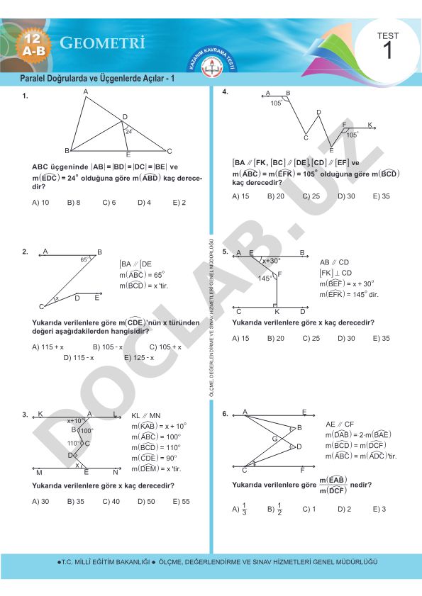 Paralel Doğrularda ve Üçgenlerde Açılar Testi