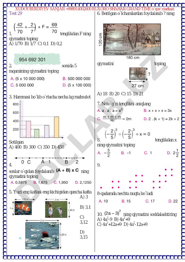 Matematika test savollari va masalalari