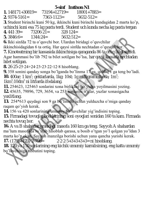5-sinf matematika imtihoni masalalari
