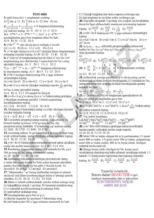 Matematika test savollari va masalalari