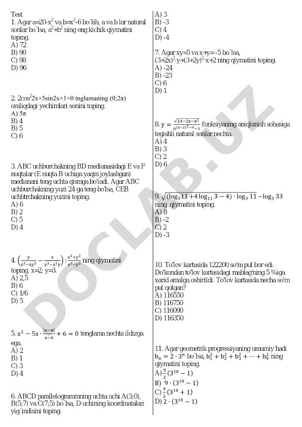Matematika va geometriya masalalari to'plami
