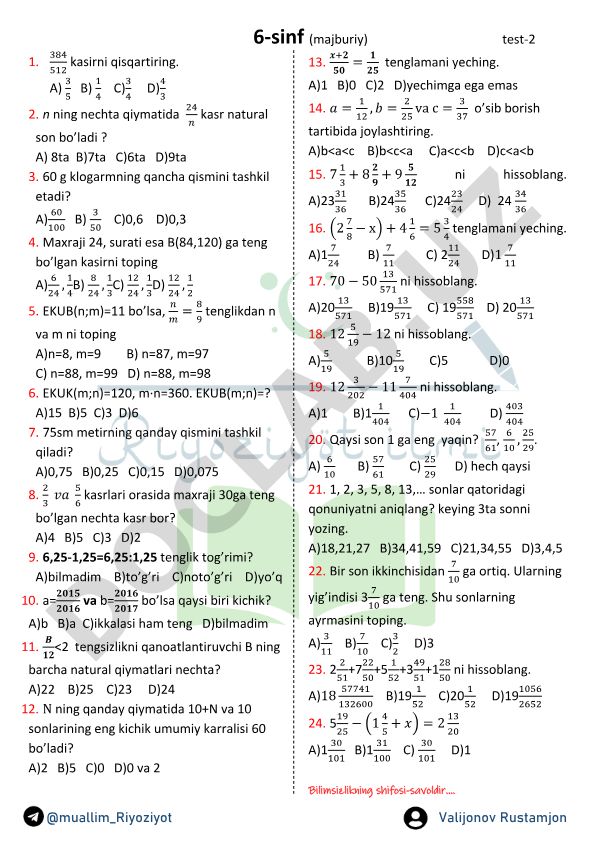 6-sinf matematika test savollari