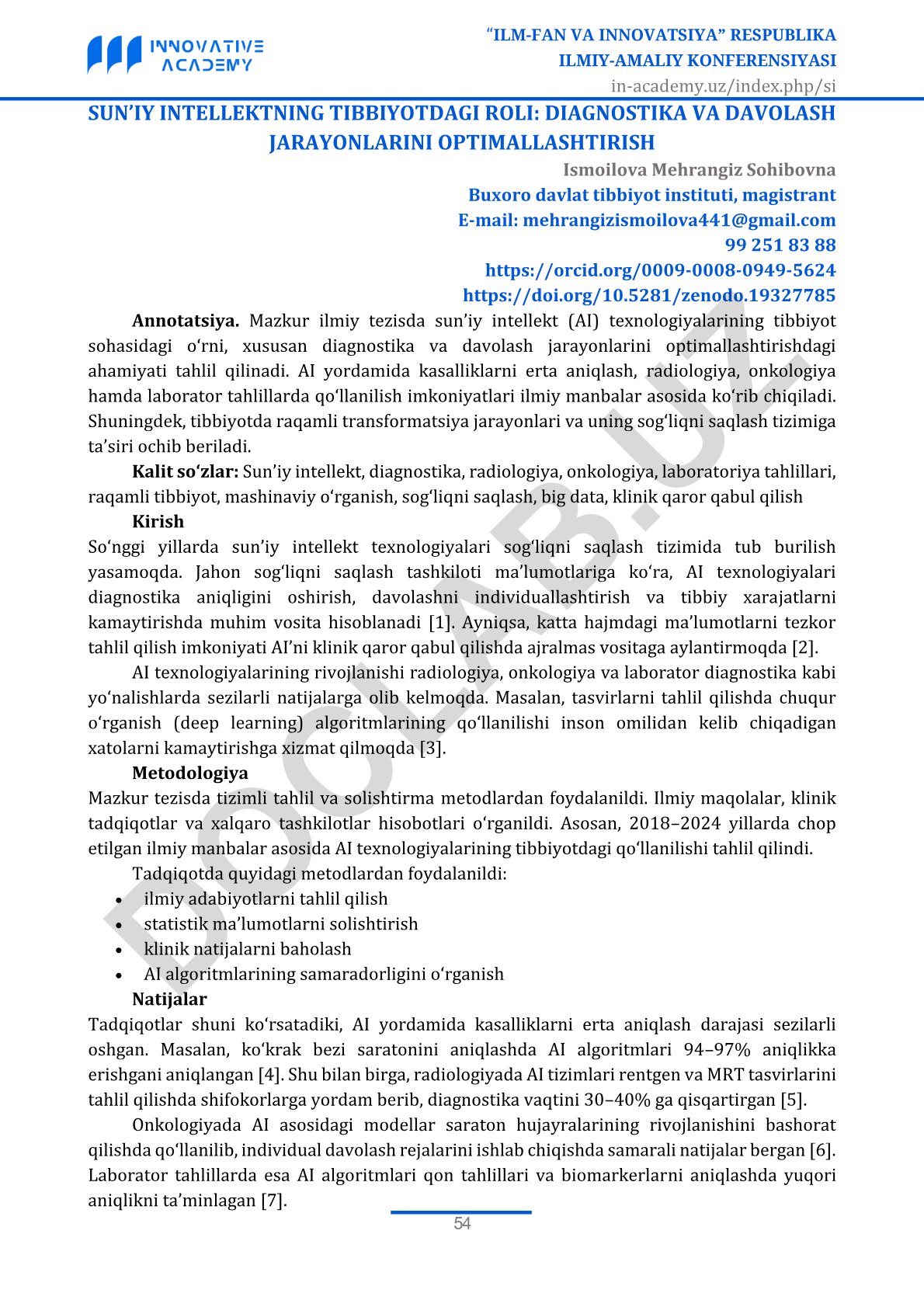 Sun'iy intellektning tibbiyotdagı roli: diagnostika va davolash jarayonlarini optimallashtirish