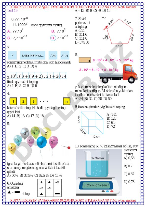 Matematika test savollari to'plami