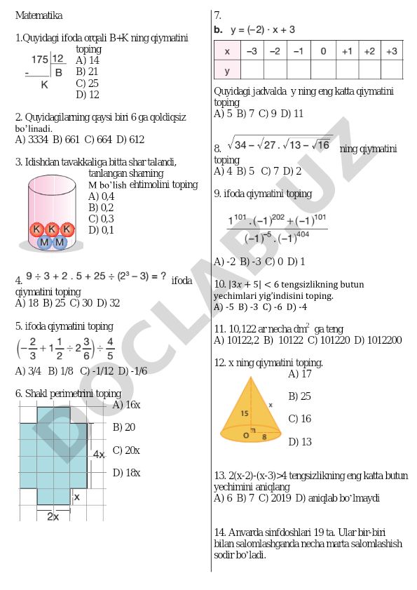 Matematika test savollari va masalalari