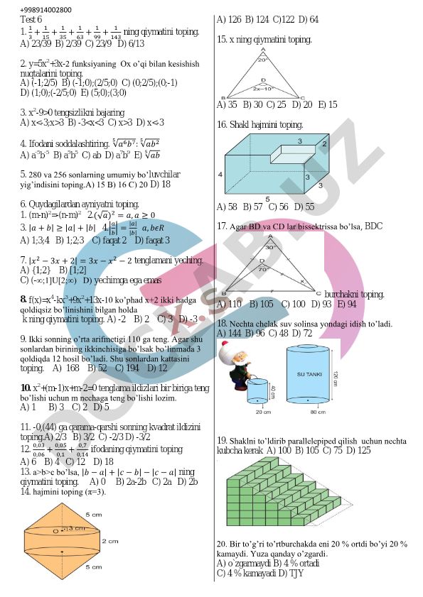 Matematika test savollari va masalalari