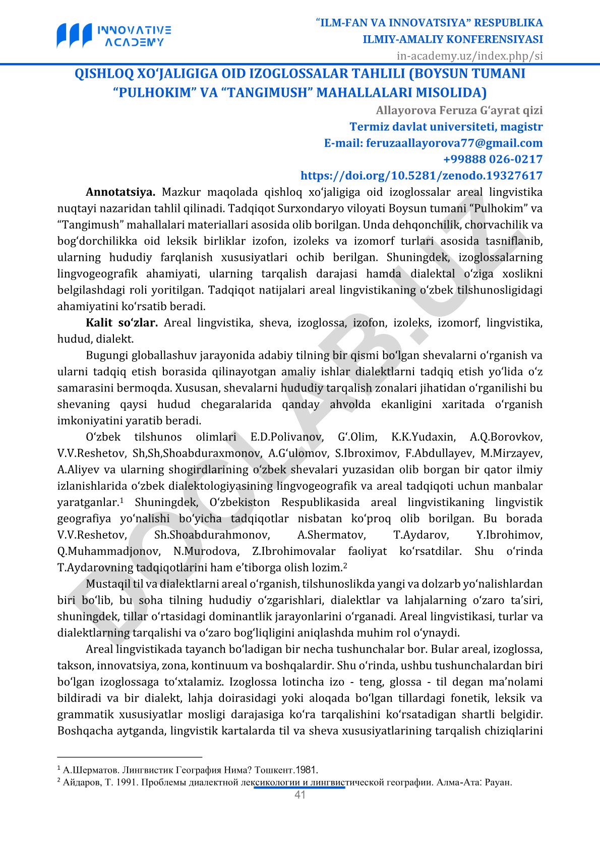 Qishloq xo'jaligiga oid izoglossalar tahlili (Boysun tumani misolida)