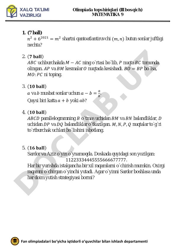Matematika fanidan olimpiada topshiriqlari (III bosqich, 9-sinf)