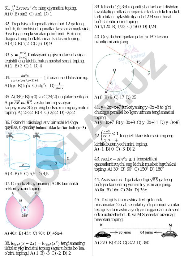 Matematika test savollari to'plami