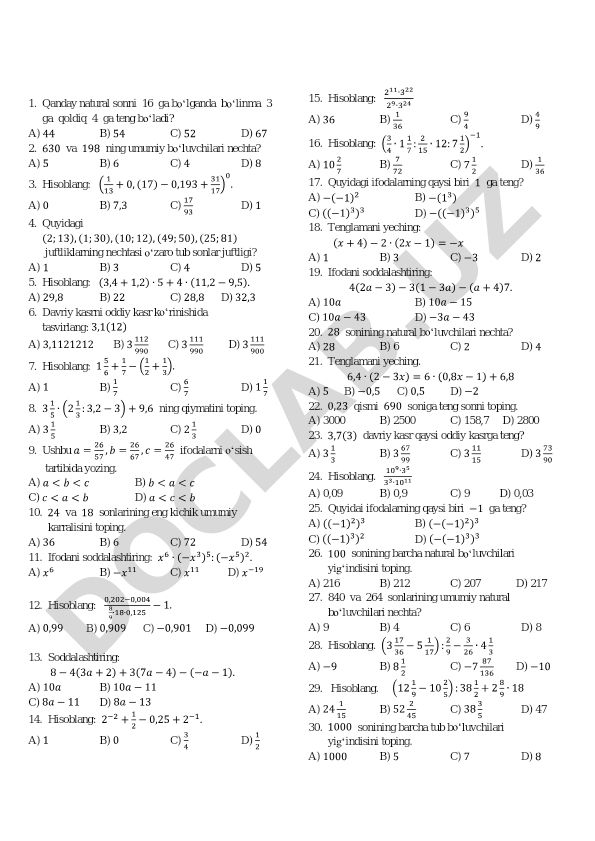 Matematika test savollari va masalalari