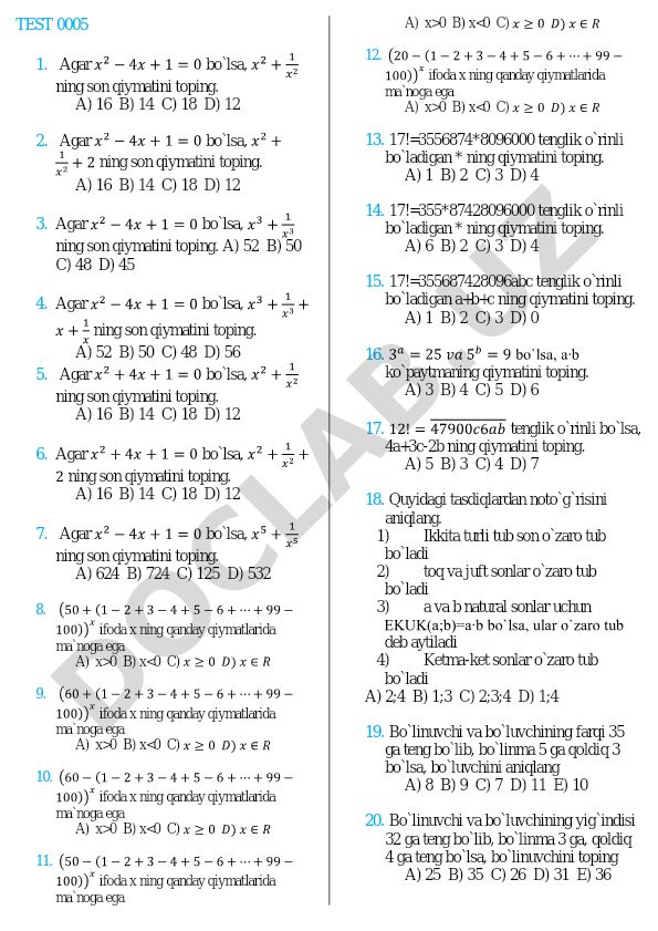Algebraik tenglamalar va ifodalar bo'yicha test masalalari