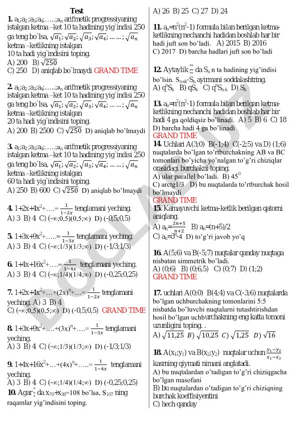 Arifmetik progressiya va geometrik qatorlar masalalari