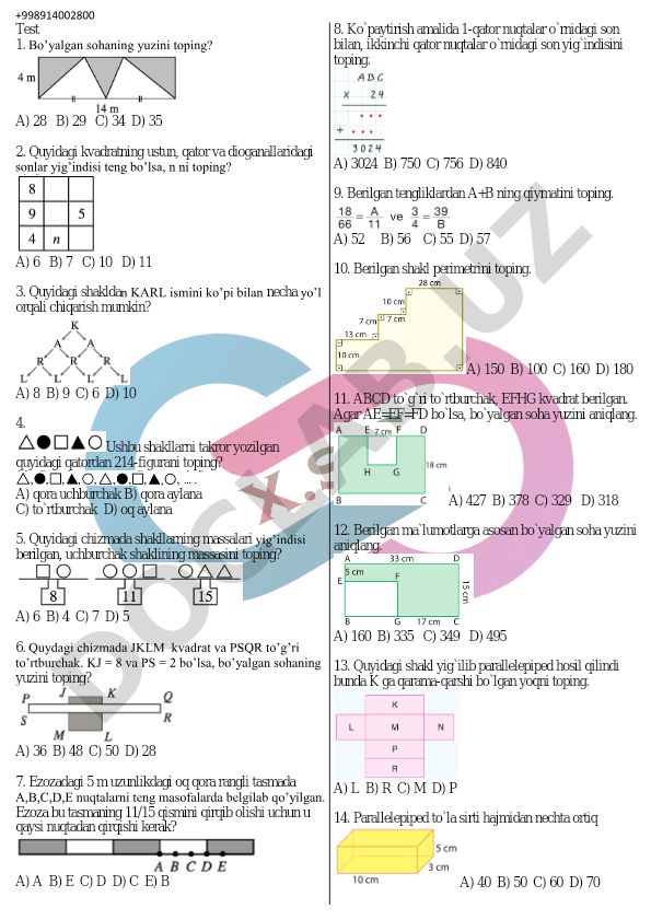 Matematika test savollari va masalalari