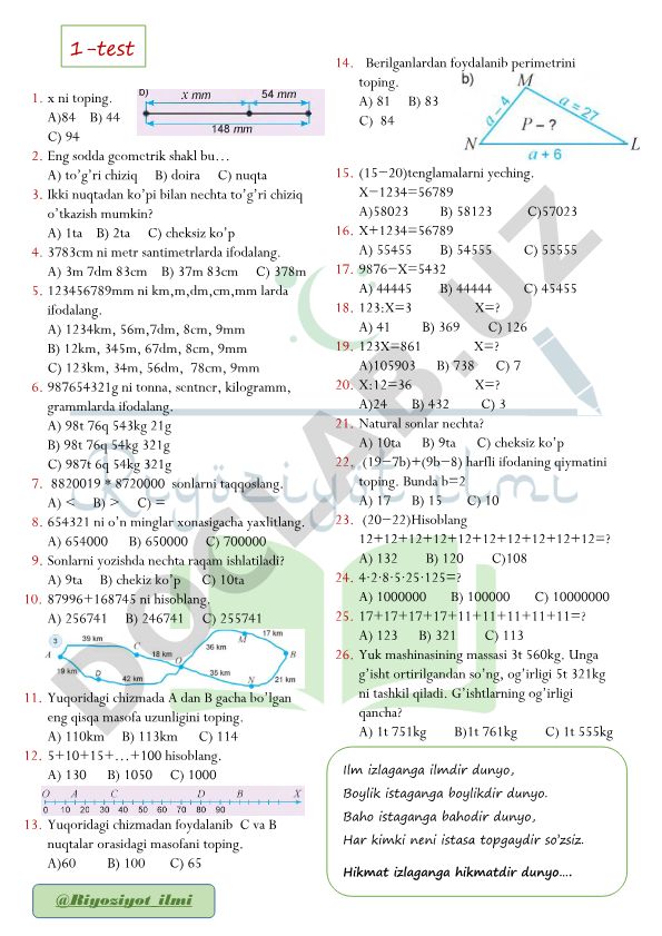 Matematika va geometriya test savollari