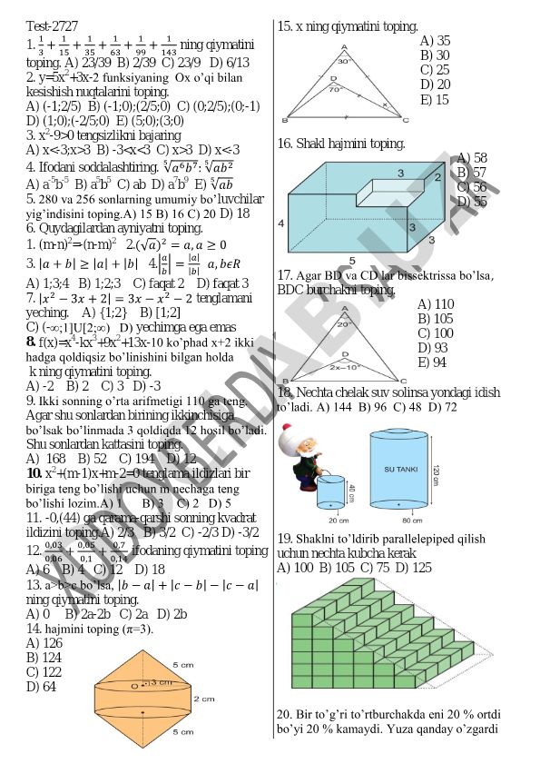 Matematika test savollari va masalalari