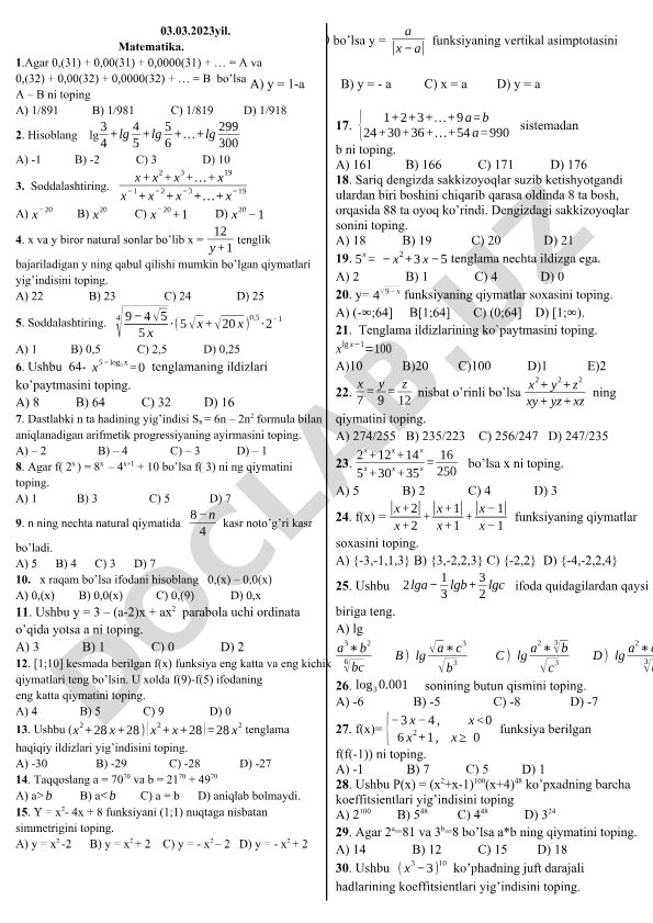 Matematika masalalari to'plami