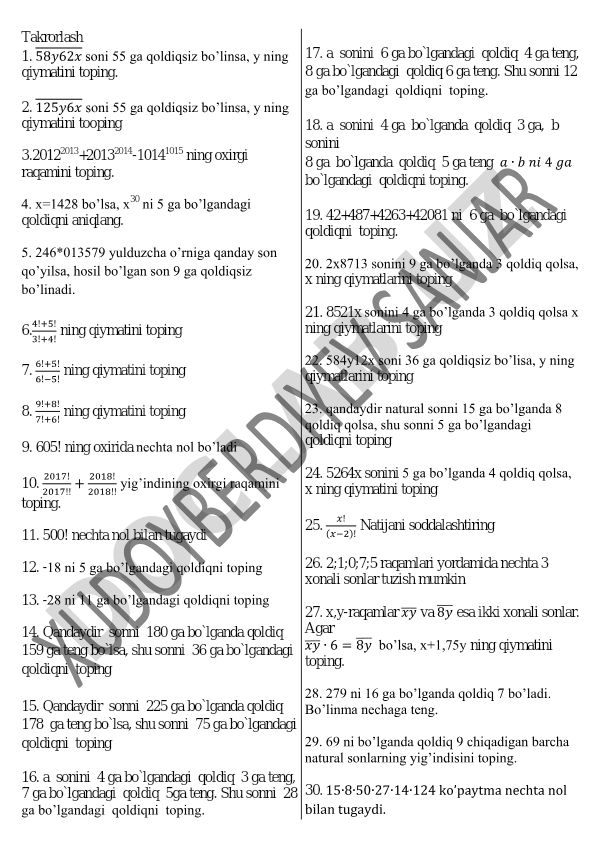 Matematik masalalar to'plami: bo'lish, qoldiq va faktorial