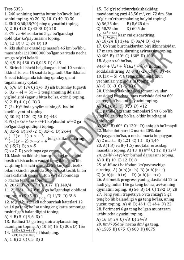 Matematika test savollari va masalalari