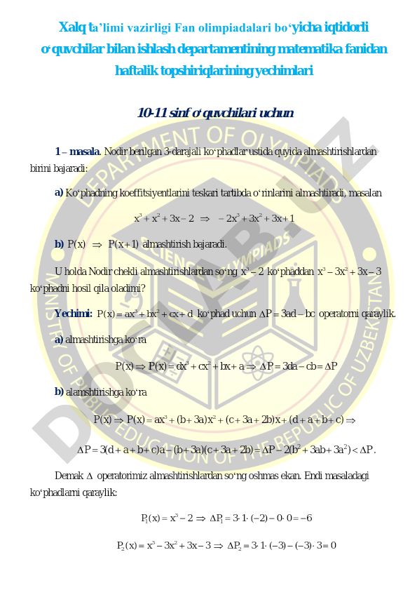 Matematika fanidan haftalik topshiriqlar yechimlari 10-11 sinflar uchun