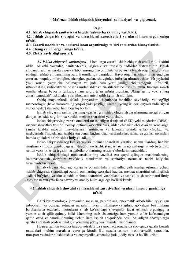 Ishlab chiqarish jarayonlari sanitariyasi va gigiyenasi