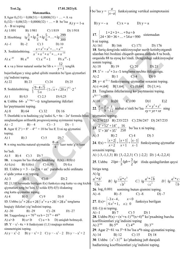 Matematika test savollari va masalalari
