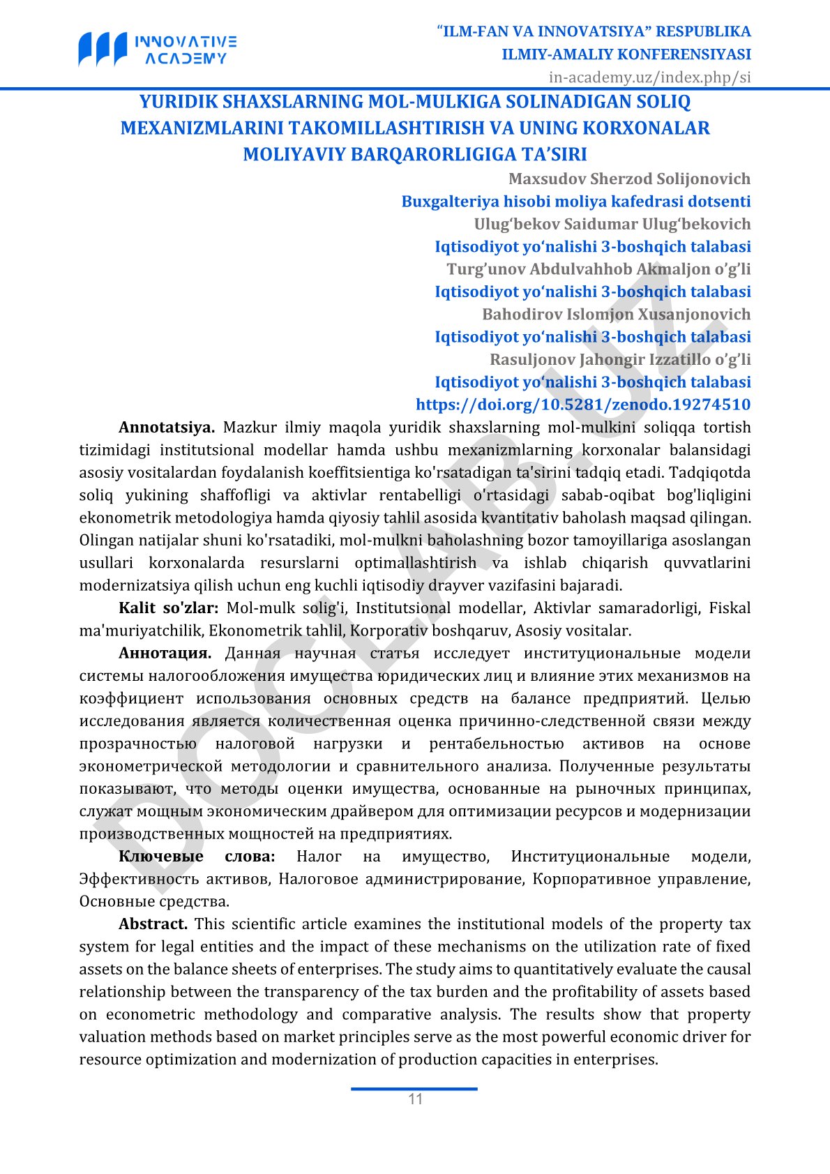 Yuridik shaxslarning mol-mulkiga solinadigan soliq mexanizmlarini takomillashtirish va uning korxonalar moliyaviy barqarorligiga ta'siri