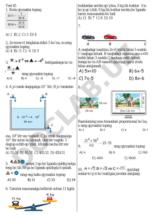 Matematika test savollari va masalalari