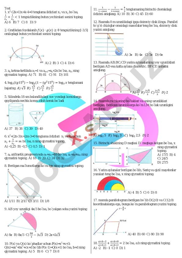 Matematika test savollari to'plami