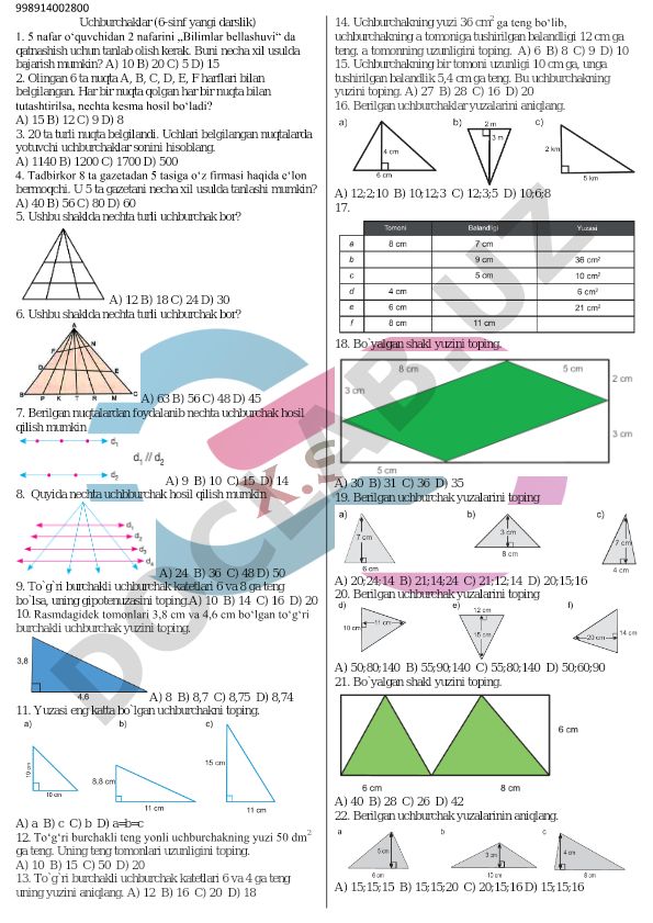 6-sinf matematika uchburchaklar test savollari