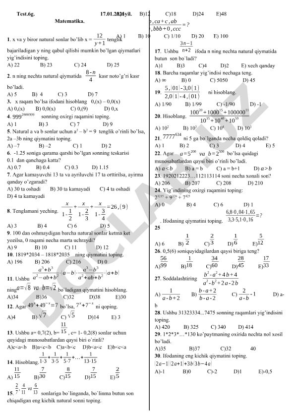 Matematika test savollari va masalalari