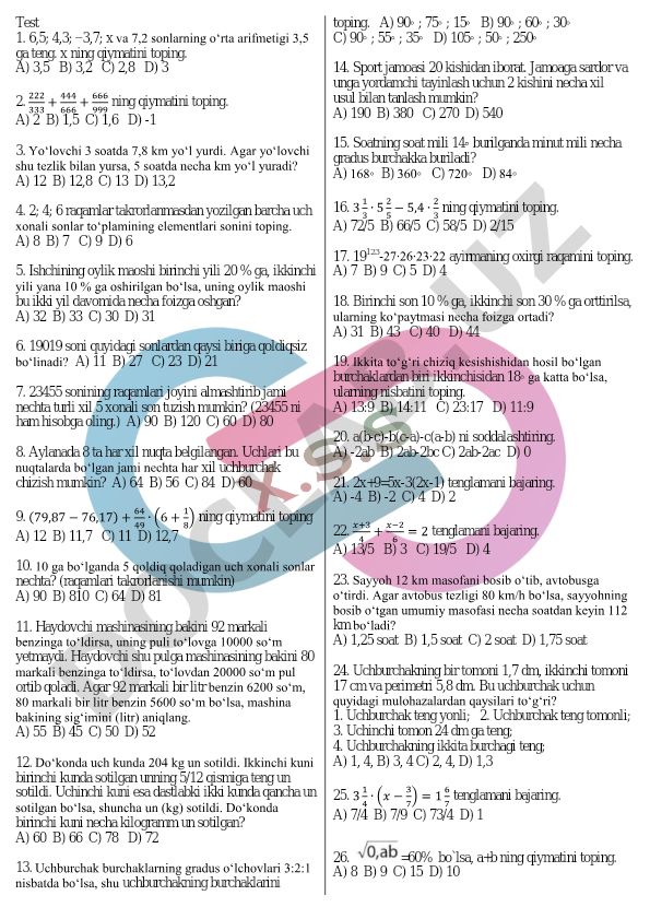 Matematika test savollari va masalalari